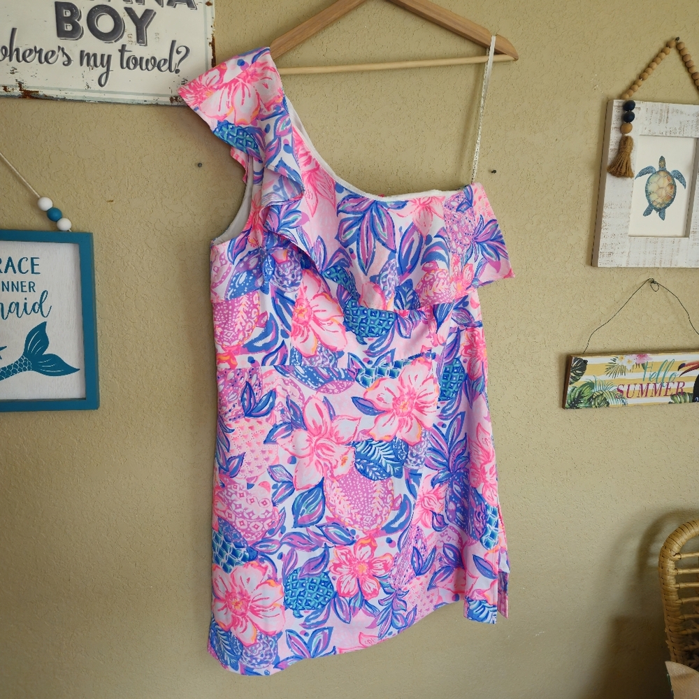 Lilly Pulitzer Size 16 Rumper Dress Snsppy Turtle One Shoulder Coastal Beach - Picture 5 of 13